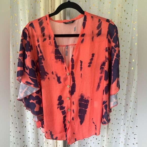 Chicme Sheer Orange Tie Dye Waterfall Sleeve Bohemian V Neck Button Down Blouse - Picture 2 of 7